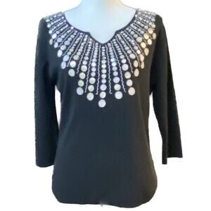 Joseph A Silver Sequins Embellished Sweater V-Neck 3/4 Sleeve Black Women L
